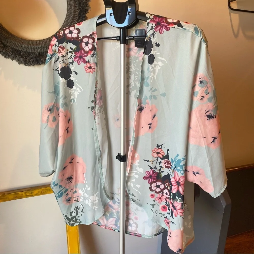 Floral Kimono Jacket - Pink and Green - Picture 1 of 4